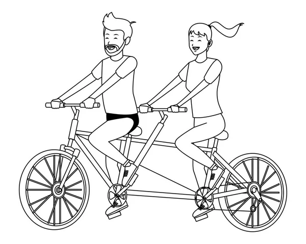 Couple in double bike black and white — Stock Vector