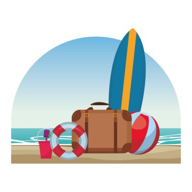 plaj öğeleri deniz manzarası sörf tahtası bavul plaj topu şamandıra oyuncaklar renkli vektör çizim grafik tasarım