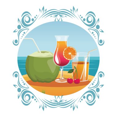 kokteyl ve portakal suyu ile Hindistan cevizi deniz manzarası renkli yuvarlak simge vektör çizim grafik tasarım