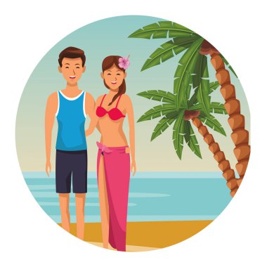 deniz manzarası sarılma plaj öğeleri ile çift yuvarlak simge vektör çizim grafik tasarım