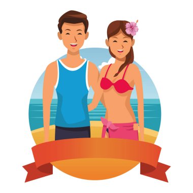 deniz manzarası sarılma plaj öğeleri ile çift yuvarlak simge vektör çizim grafik tasarım