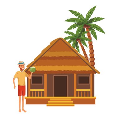 Evi ve Hindistan cevizi hurma ağacı vektör çizim grafik tasarım adamla