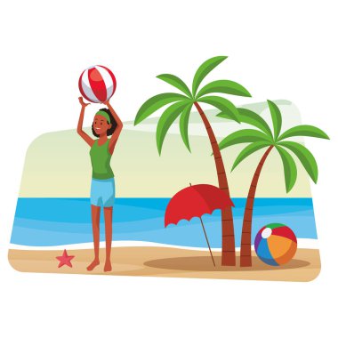 kadın plaj topu plaj şemsiye ve topu palmiye ağacı deniz manzarası vektör çizim grafik tasarım ile