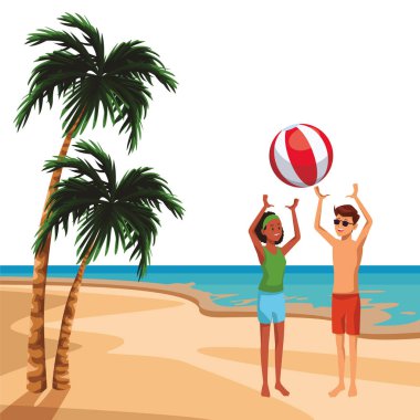 plaj öğeleri plaj topu deniz manzarası vektör çizim grafik ile çift tasarımı