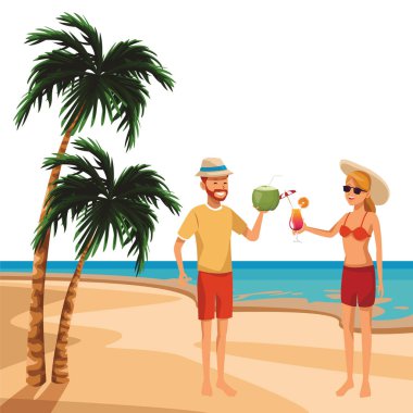 tropikal içecekler Hindistan cevizi kokteyl şapka güneş gözlüğü deniz manzarası hurma ağacı vektör çizim grafik tasarım ile çift