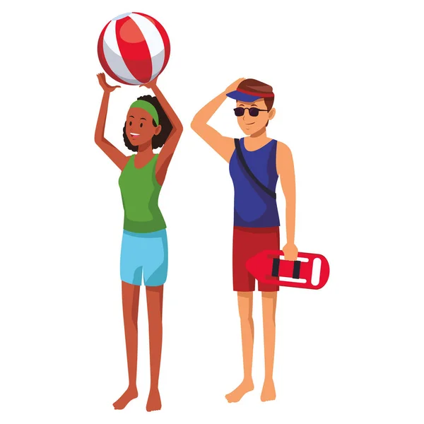 Lifeguard Woman Beach Ball Torpedo Buoy Sunglasses Hat White Background — Stock Vector