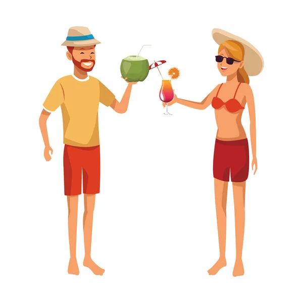 Par Med Tropiska Dryck Kokos Cocktail Hatt Solglasögon Vektor Illustration — Stock vektor