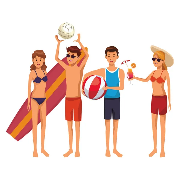 Amis Avec Maillot Bain Planche Surf Plage Balle Vecteur Illustration — Image vectorielle