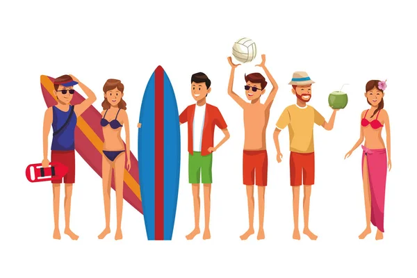 Amigos Con Traje Baño Tabla Surf Playa Bola Vector Ilustración — Archivo Imágenes Vectoriales