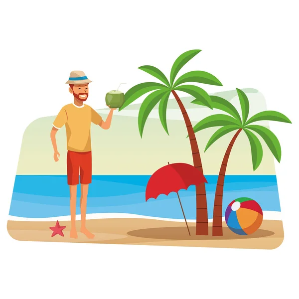 Człowiek Napój Kokosowy Parasol Palm Tree Seascape Wektor Ilustracja Projekt — Wektor stockowy