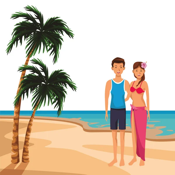 Coppia Con Articoli Spiaggia Abbracciare Paesaggio Marino Palma Vettore Illustrazione — Vettoriale Stock