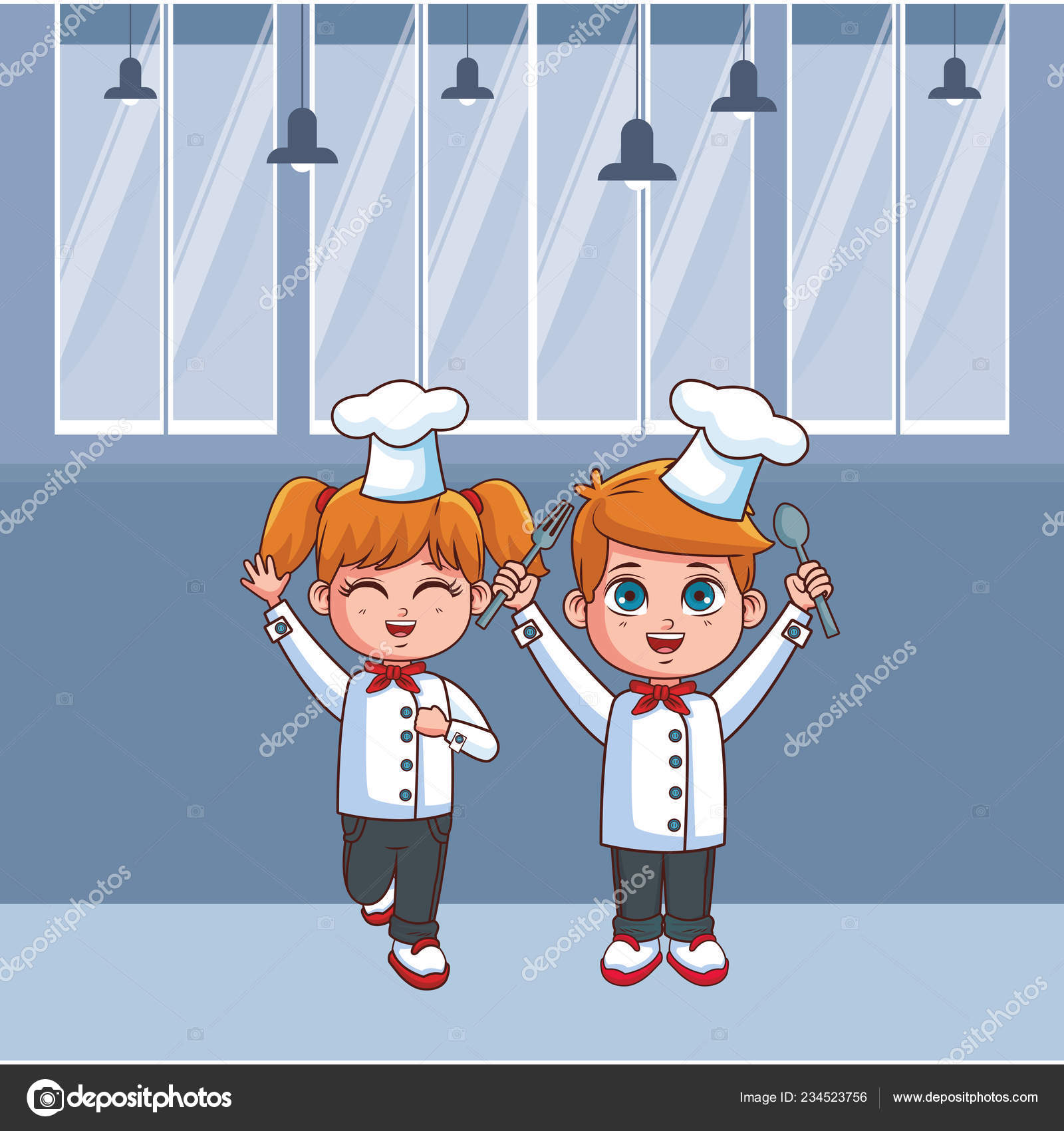 Lucu Koki Anak Anak Dalam Dapur Kartun Vektor Gambar Desain Stok Vektor Jemastock 234523756