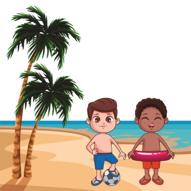 Plaj karikatürler, güneşli gün vektör çizim grafik tasarım yaz çocuklar