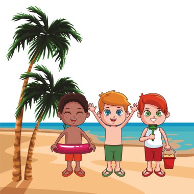 Plaj karikatürler, güneşli gün vektör çizim grafik tasarım yaz çocuklar