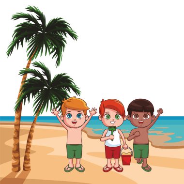 Plaj karikatürler, güneşli gün vektör çizim grafik tasarım yaz çocuklar