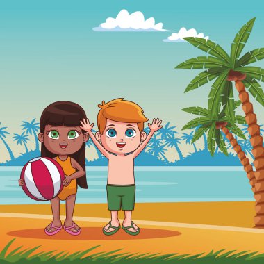 Plaj karikatürler, güneşli gün vektör çizim grafik tasarım yaz çocuklar