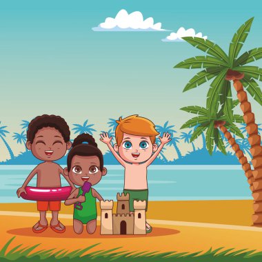 Plaj karikatürler, güneşli gün vektör çizim grafik tasarım yaz çocuklar