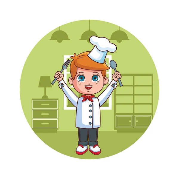 Carino Chef Ragazzo Cartone Animato Vettore Illustrazione Grafica Design — Vettoriale Stock