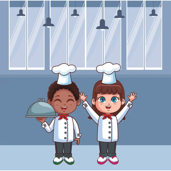 Carino Chef Bambini Dentro Cucina Cartone Animato Vettore Illustrazione Grafica — Vettoriale Stock