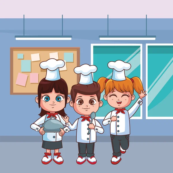 Bonito Chef Crianças Dentro Cozinha Desenho Animado Vetor Ilustração Gráfico — Vetor de Stock