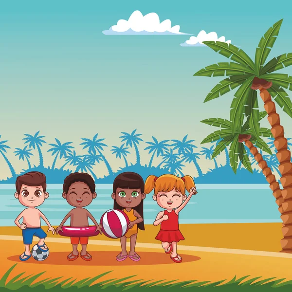 Summer Kids Beach Cartoons Sunny Day Vector Illustration Graphic Design — Stock Vector