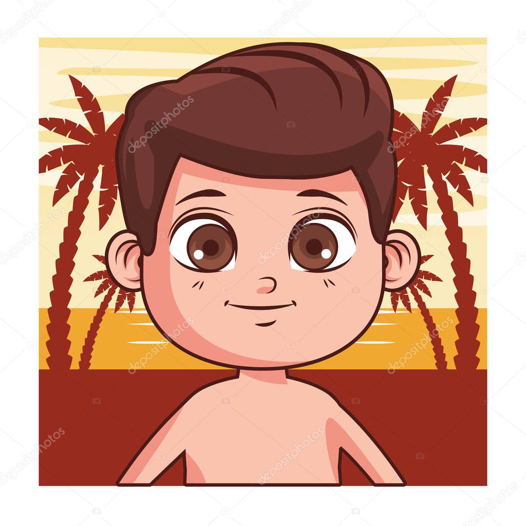 Cute summer boy cartoon over beachscape sunset background vector illustration graphic design
