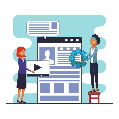 teknoloji kadın destek karikatür vektör çizim grafik tasarım