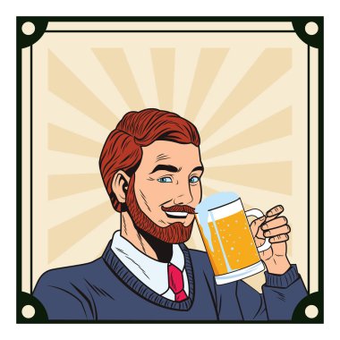 pop sanat adam yüz bira çizgi film vintage çerçeve vektör çizim grafik tasarım içme sakallı