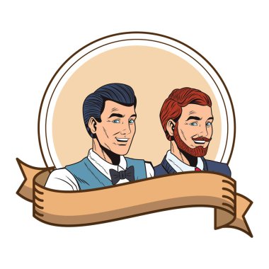 pop sanat retro erkek arkadaşları karikatür yuvarlak amblemi ile şerit afiş vektör çizim grafik tasarım