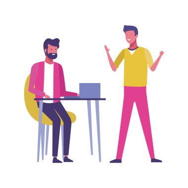 Arkadaşlar laptop ile eğleniyor Resepsiyon karikatürler vektör çizim grafik tasarım üzerinde