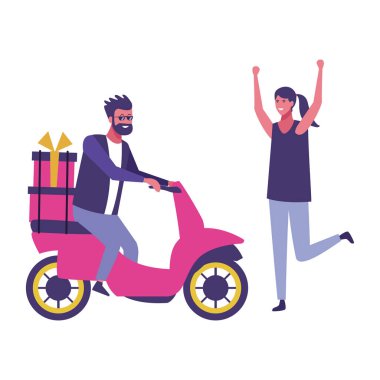 Hediye kutusu karikatürler vektör çizim grafik tasarım ile bir scooter sürme arkadaşlar