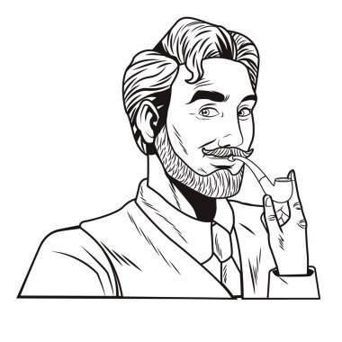 pop sanat adam yüz sigara tütün boru çizgi film vektör çizim grafik tasarım sakallı