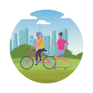 Genç arkadaşlar Şehir Parkı karikatürler eğleniyor yuvarlak simge vektör çizim grafik tasarım