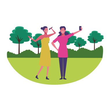 Genç arkadaşlar Şehir Parkı karikatürler eğleniyor yuvarlak simge vektör çizim grafik tasarım