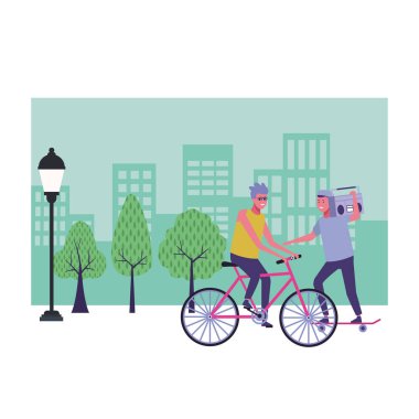 Genç arkadaşlar city park çizgi film vektör çizim grafik tasarım eğleniyor