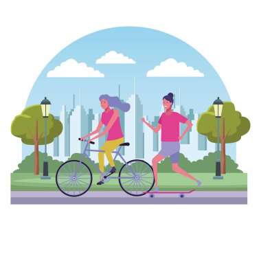 Genç arkadaşlar city park çizgi film vektör çizim grafik tasarım eğleniyor