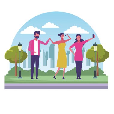 Genç arkadaşlar city park çizgi film vektör çizim grafik tasarım eğleniyor