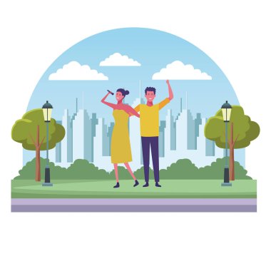 Genç arkadaşlar city park çizgi film vektör çizim grafik tasarım eğleniyor