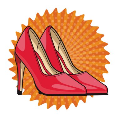 pop sanat kırmızı topuklu ayakkabı karikatür yuvarlak etiket vektör çizim grafik tasarım üzerine