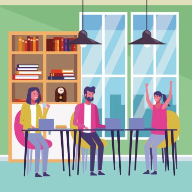 Dizüstü office karikatür vektör çizim grafik tasarım içinde arkadaşlarınızla