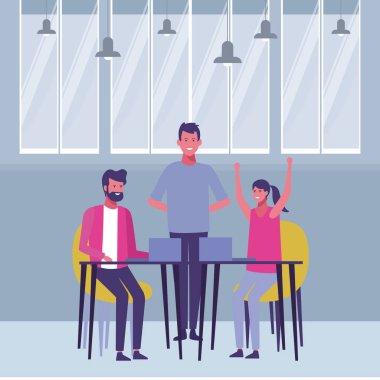Dizüstü office karikatür vektör çizim grafik tasarım içinde arkadaşlarınızla