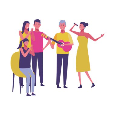 Gitar çalmak ve çizgi film dans arkadaşlar resimde grafik tasarım vektör