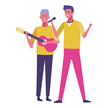 Gitar ve şarkı karikatür vektör çizim grafik tasarım oynayan arkadaş
