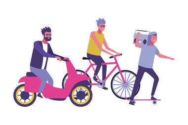 Bisiklet Kaykay ve skuter karikatürler sürme arkadaşlar resimde grafik tasarım vektör