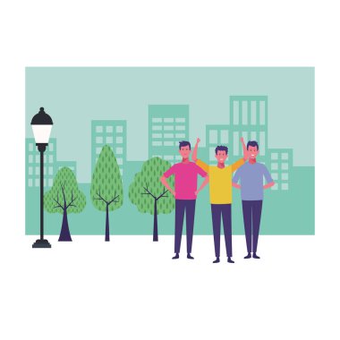 Erkek arkadaşlar şehir kentsel sahne vektör çizim grafik tasarım eğleniyor