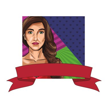 Pop art kadın karikatür profilinin üzerine boş şerit afiş vektör çizim grafik tasarım ile kare çerçeve