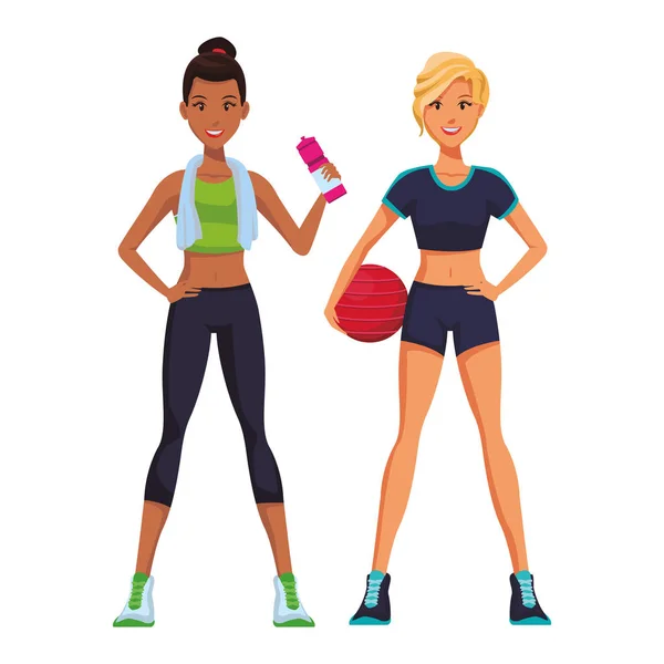 Desenho Animado Mulheres Fitness Com Elementos Esportivos Ilustração Vetorial Design — Vetor de Stock