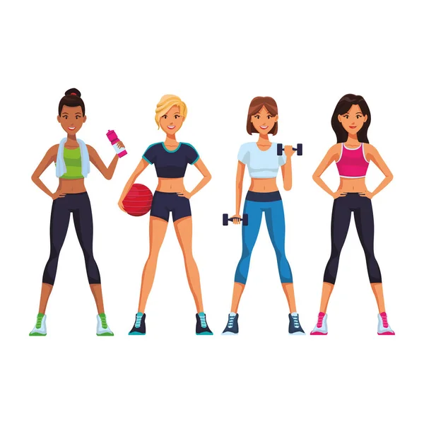 Fitness Vrouwen Cartoon Met Sport Elementen Vector Illustratie Grafisch Ontwerp — Stockvector