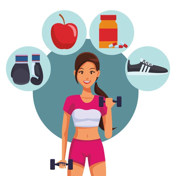 Fitness Femme Avec Des Éléments Sport Dessin Animé Vectoriel Illustration — Image vectorielle