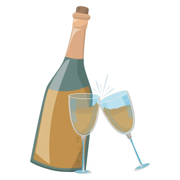 Бутылка Свадебного Шампанского Чашки Мультипликационные Векторные Иллюстрации Графический Дизайн — стоковый вектор